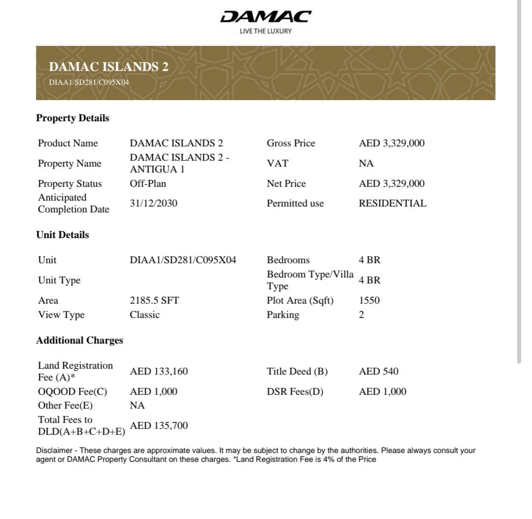 DAMAC Islands 2 cost sheet and payment plan